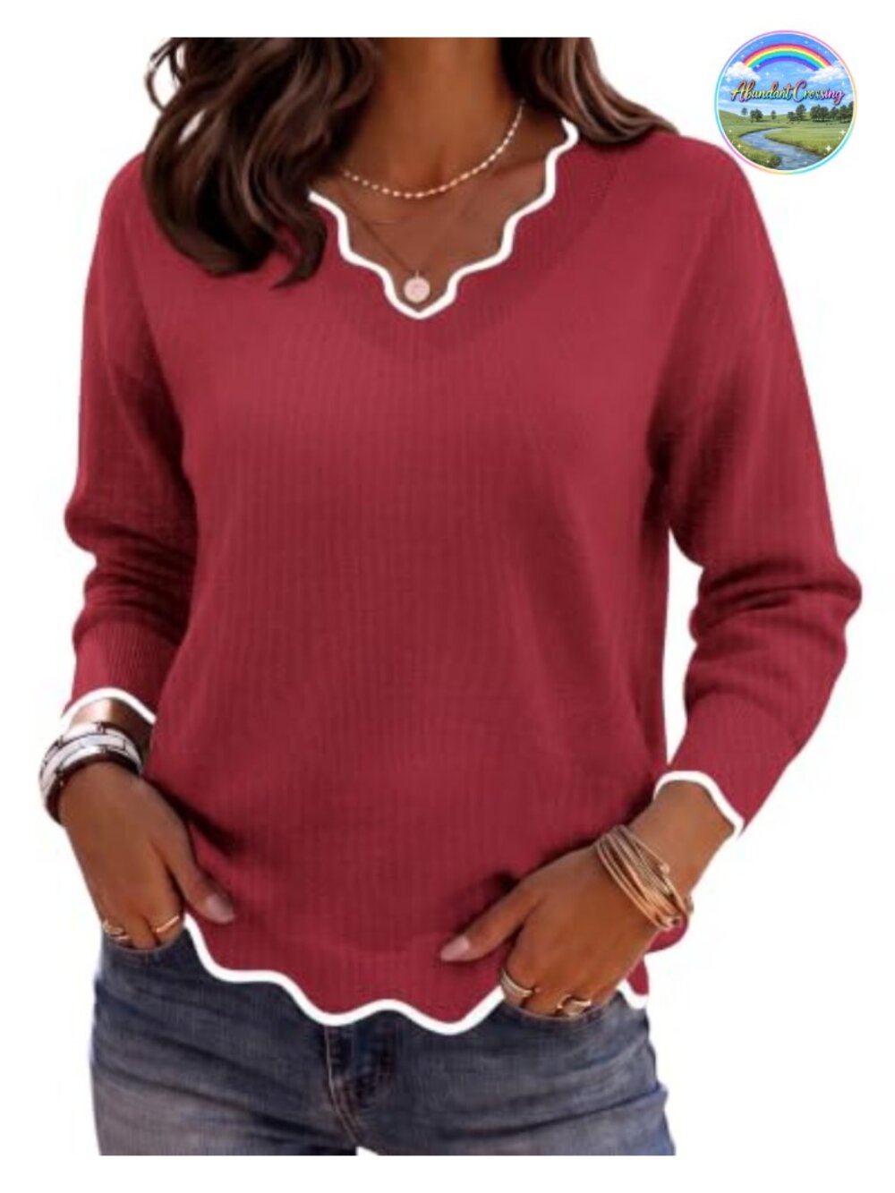 Women's V Neck Long Sleeve Knit Sweater Pullover Loose Fit Fall Work Top
